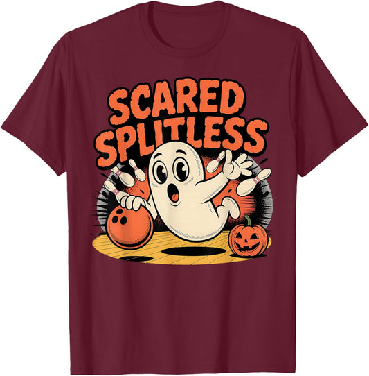Scared Splitless Ghost Bowling Halloween Fun Design T-Shirt - T-Shirt | Maroon