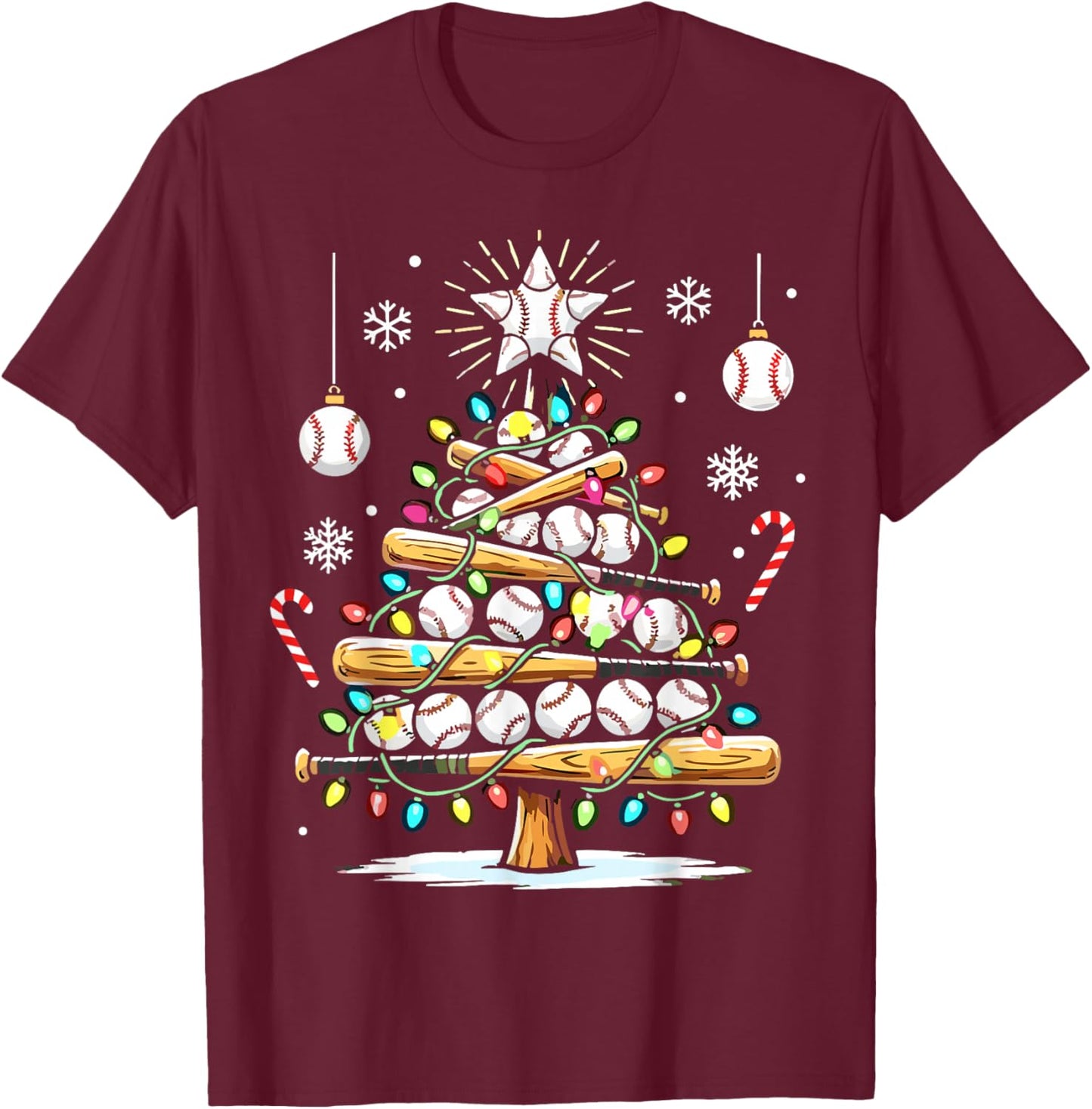 Baseball Christmas Tree Lights T-Shirt - T-Shirt | Maroon