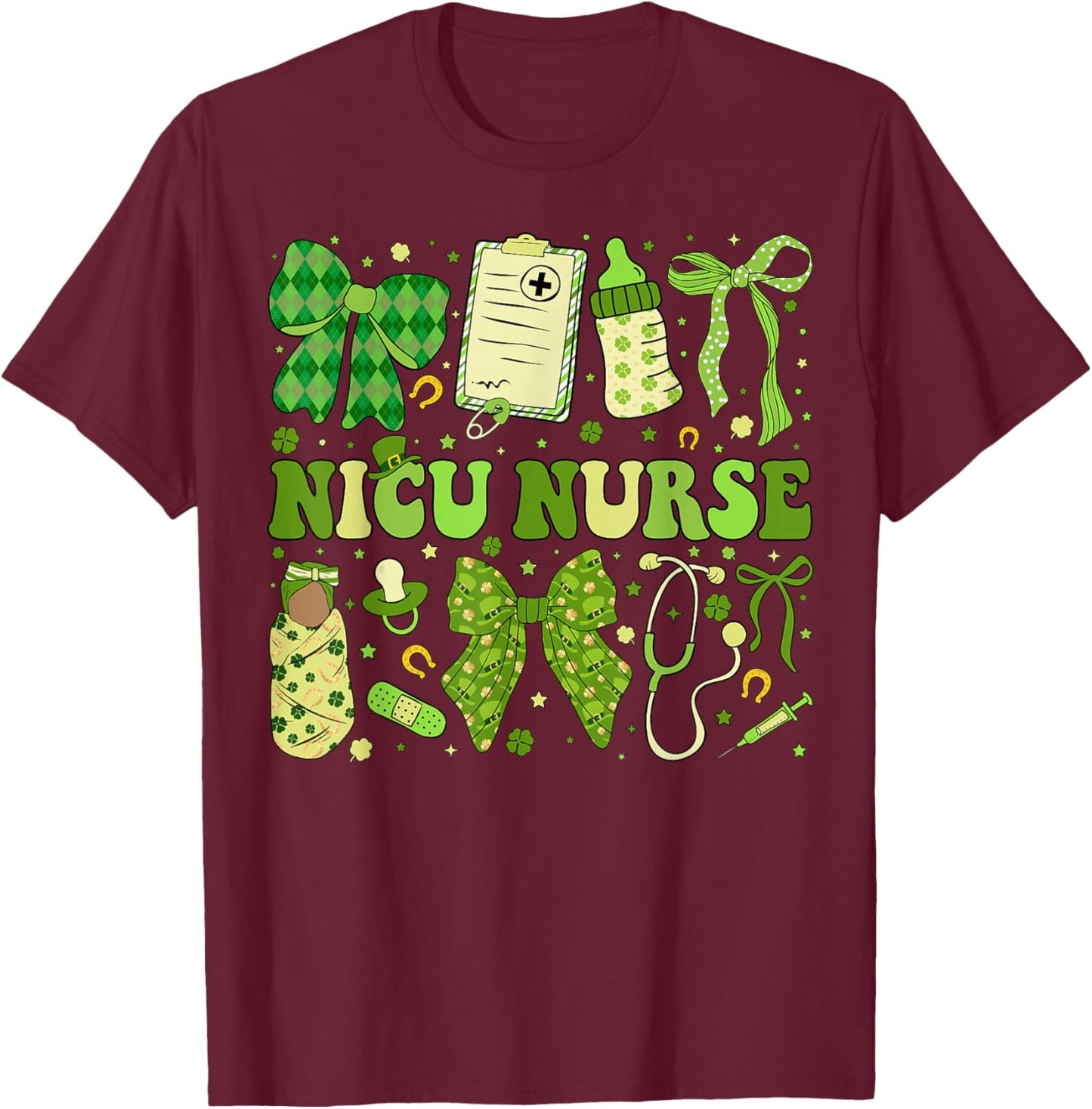 St Patricks NICU Nurse Neonatal Coquette Saint Patrick T-Shirt - T-Shirt | Maroon