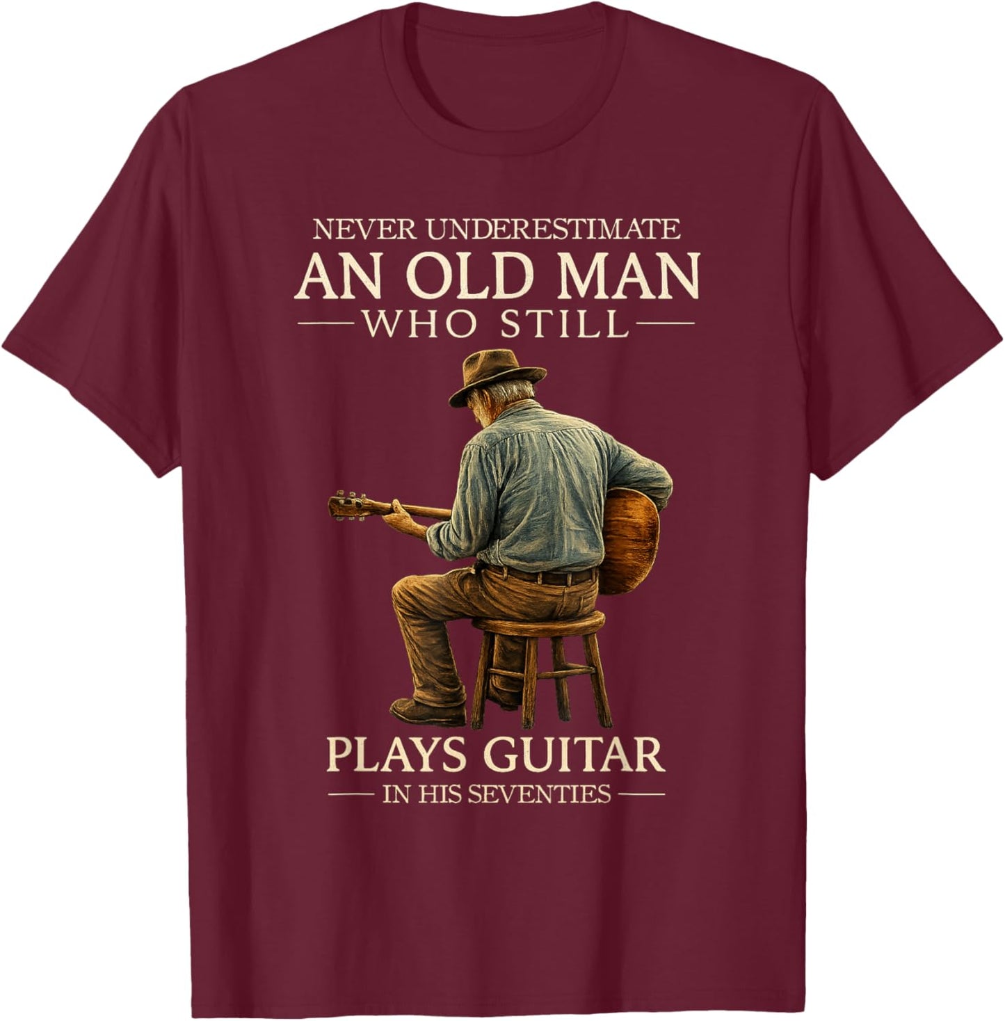 70th Birthday Acoustic Guitar Player Retro in His Seventies T-Shirt - T-Shirt | Maroon