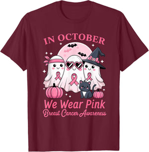 in October We Wear Pink Ghost Squad Breast Cancer Awareness T-Shirt - T-Shirt | Maroon