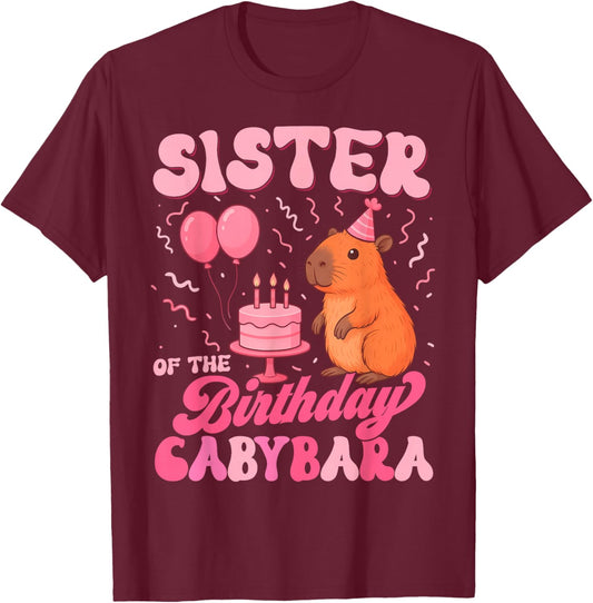 Sister of The Birthday Capybara Girl Bday Party Family T-Shirt - T-Shirt | Maroon