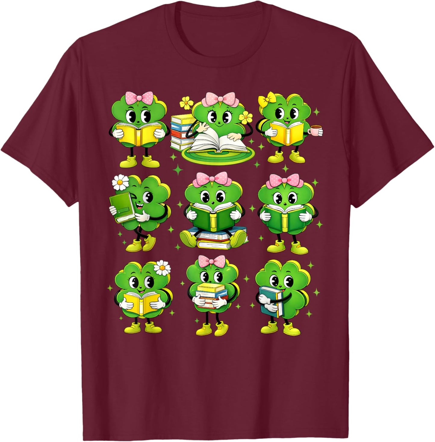 St Patricks Day Shamrock Reading Books Teacher Student Kids T-Shirt - T-Shirt | Maroon