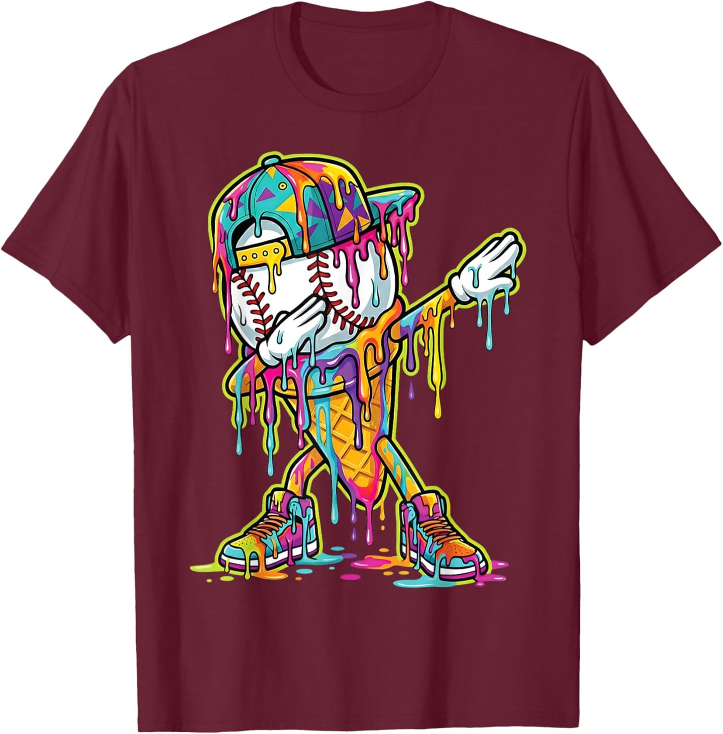 Baseball Ice Cream Dripping Dabbing Baseball Drip T-Shirt - T-Shirt | Maroon