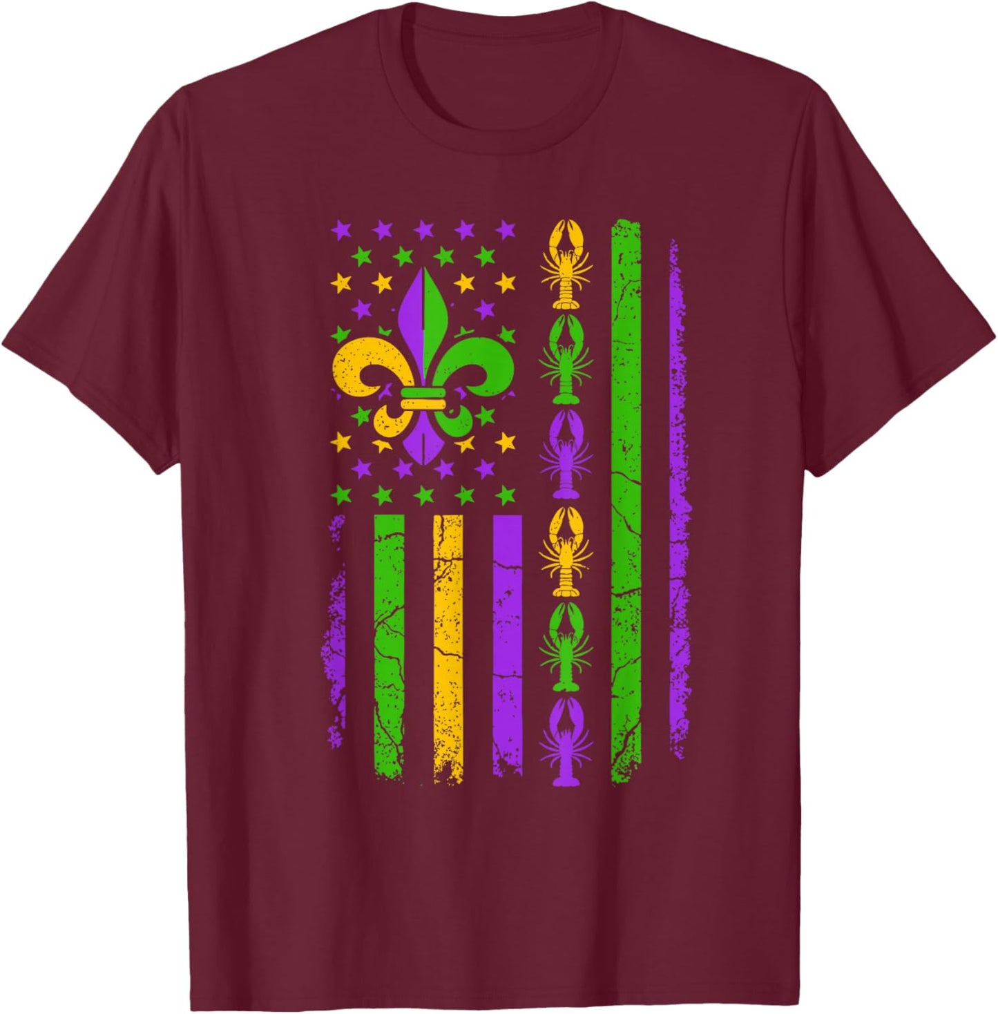 Carnival Mardi Gras USA American Flag Crawfish Parade Outfit T-Shirt - T-Shirt | Maroon