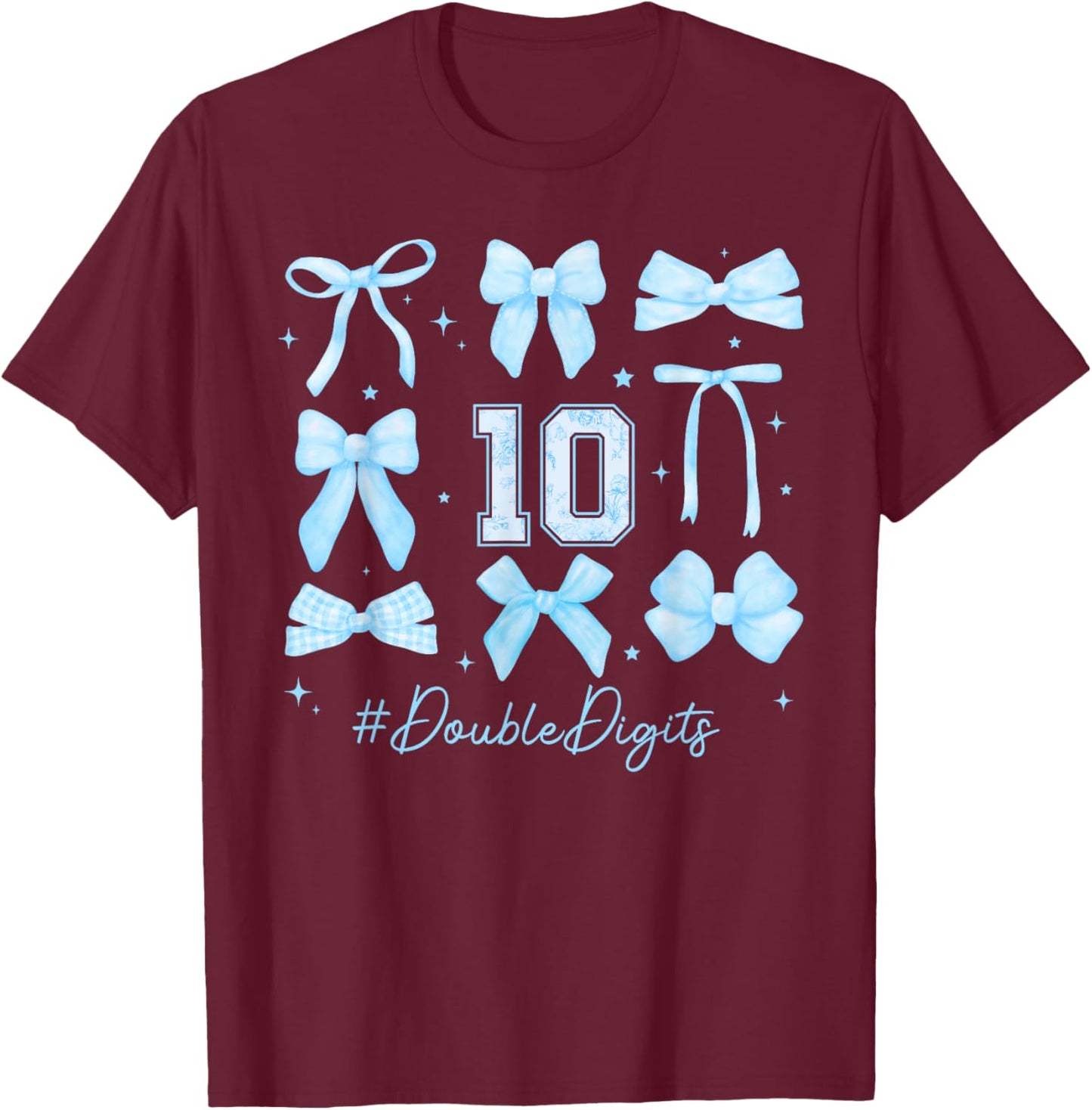 Double Digits Birthday Girl 10th Birthday Coquette Blue Bow T-Shirt - T-Shirt | Maroon