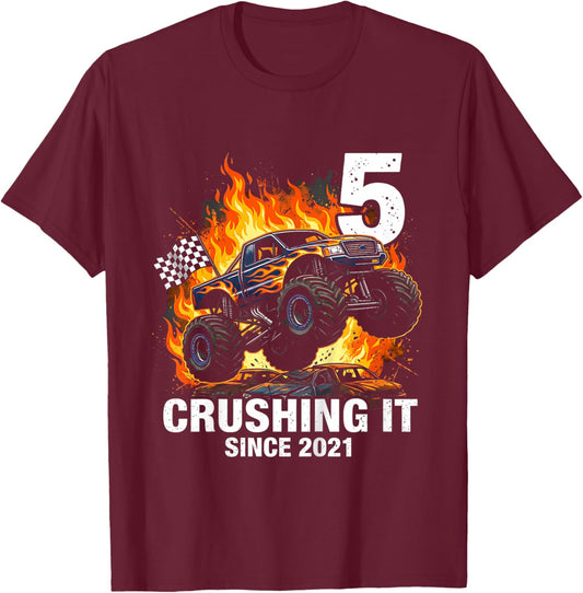 Kids 5th Birthday Truck Turning 5 Years Old Boy Born in 2021 T-Shirt - T-Shirt | Maroon