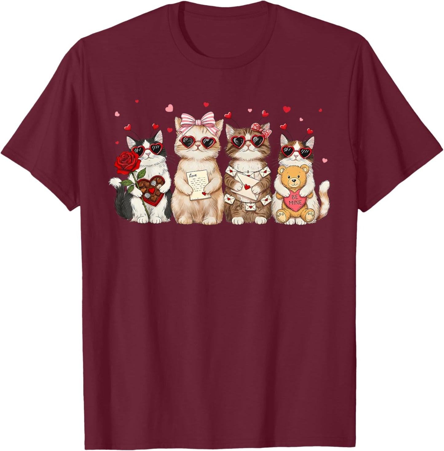 Happy Meowentines Cute Cupid Cat Heart Glasses Coquette Bow T-Shirt - T-Shirt | Maroon