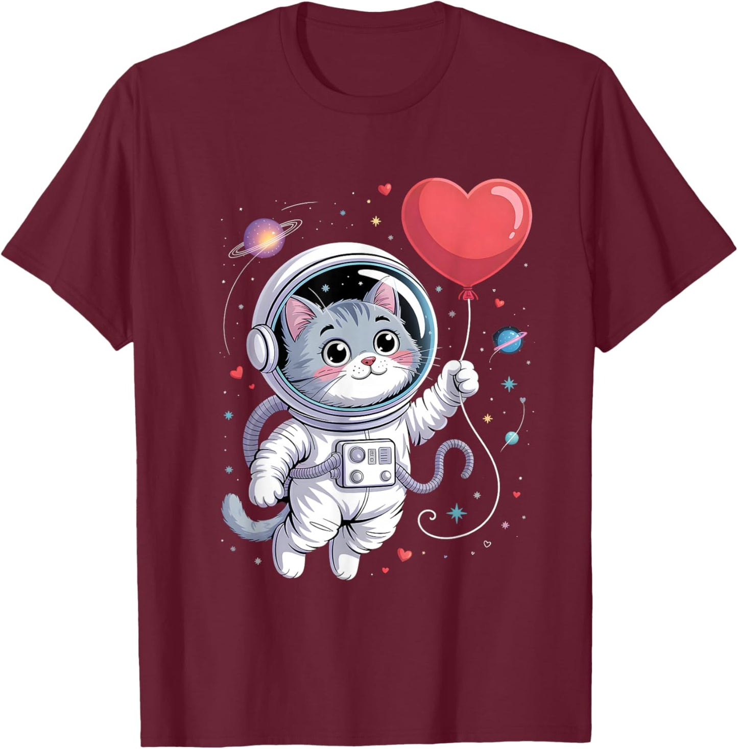 Cute Astronaut Cat Valentine Galaxy Romance Space Style Love T-Shirt - T-Shirt | Maroon