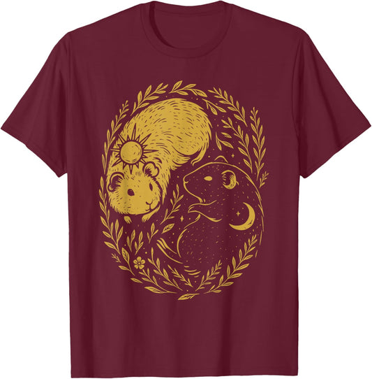 Vintage Celestial Sun and Moon Guinea Pig Yin Yang Mystical T-Shirt - T-Shirt | Maroon