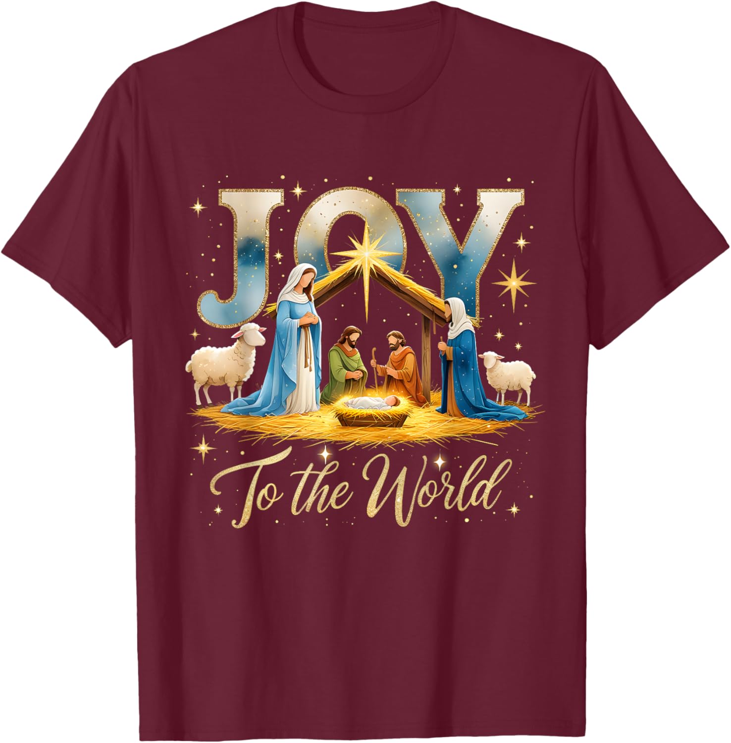 Joy to The World Nativity Scene Christmas T-Shirt - T-Shirt | Maroon