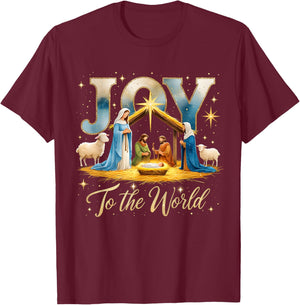 Joy to The World Nativity Scene Christmas T-Shirt - T-Shirt | Maroon