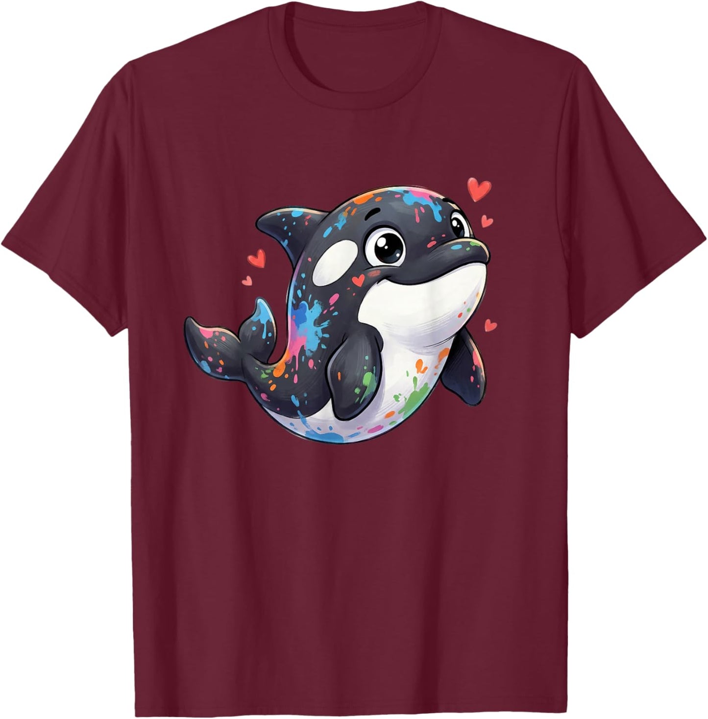 Colorful Orca Whale with Hearts Ocean Rainbow T-Shirt - T-Shirt | Maroon