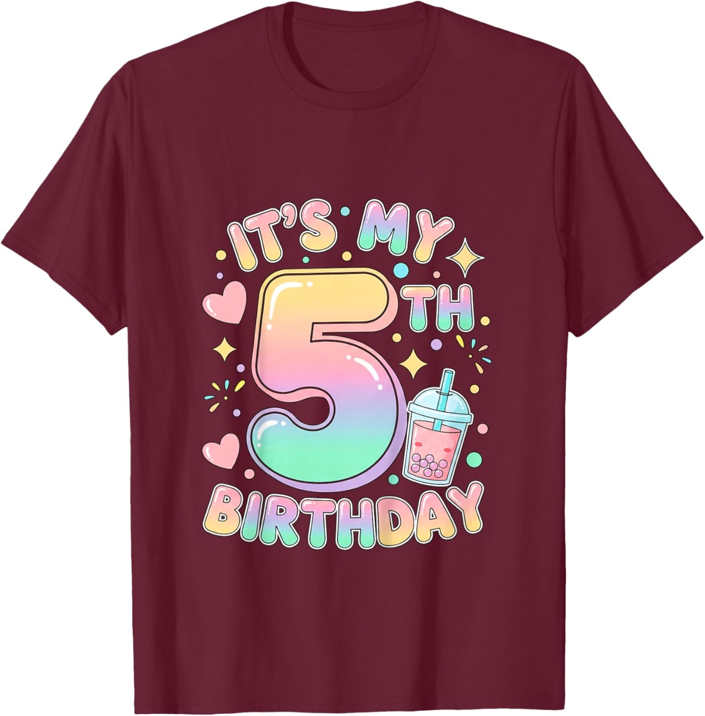 It's My 5th Birthday Bubble Boba Tea Party 5 Year Old Girl T-Shirt - T-Shirt | Maroon