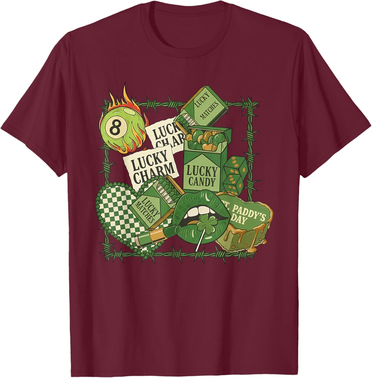 Coquette Western St Patrick's Day Collage, Western Lucky T-Shirt - T-Shirt | Maroon