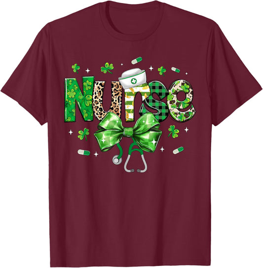 St Patricks Day Nurse Coquette Stethoscope Bow Shamrock T-Shirt - T-Shirt | Maroon