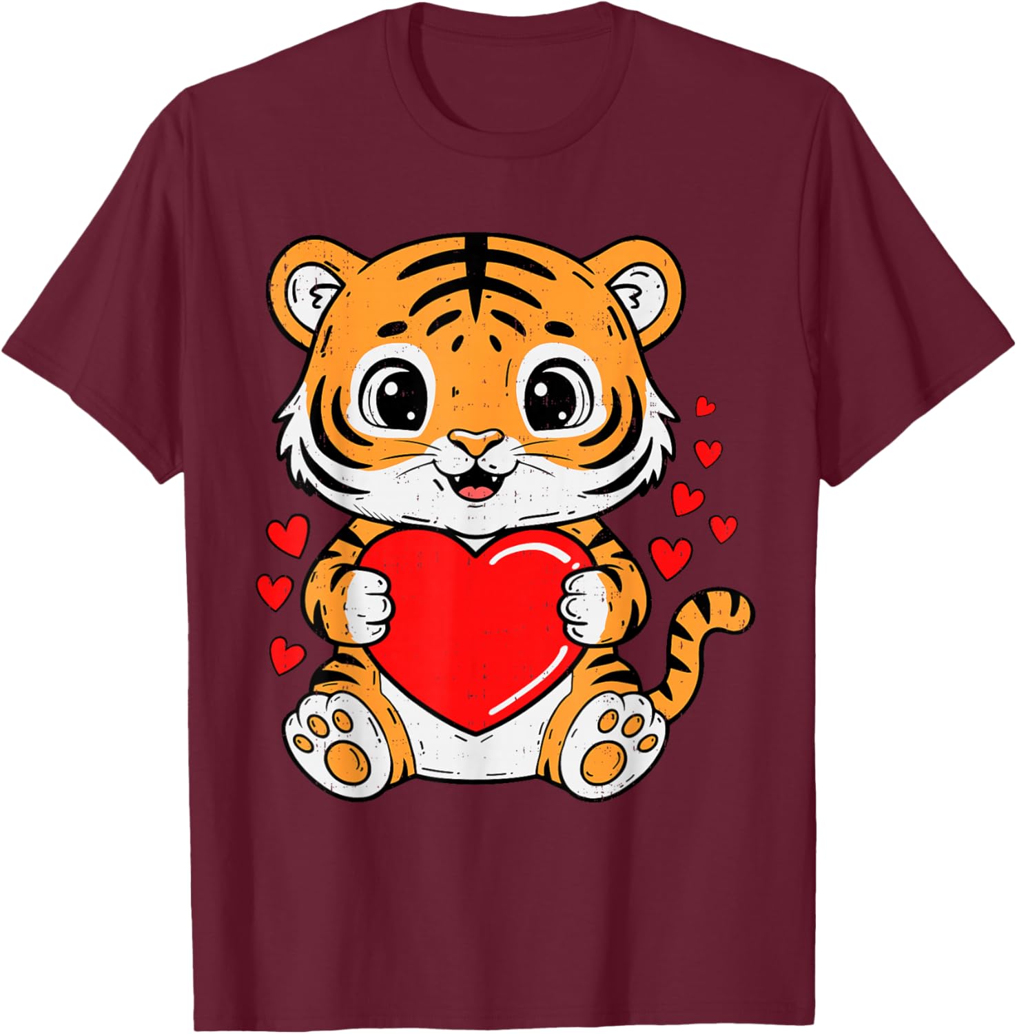 Cute Tiger Holding Heart Kawaii Valentines Day Men Women Kid T-Shirt - T-Shirt | Maroon