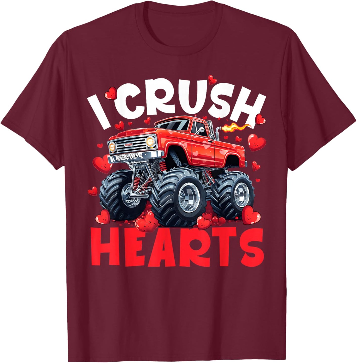 I Crush Hearts Valentine Monster Truck Men Women Kid T-Shirt - T-Shirt | Maroon