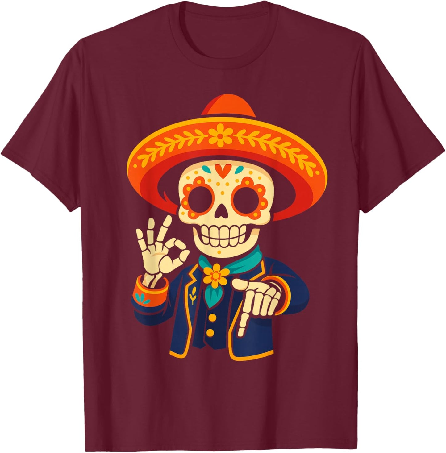 Day of Dead Sugar Funny Dia de Los Muertos 67 Hand Meme T-Shirt - T-Shirt | Maroon