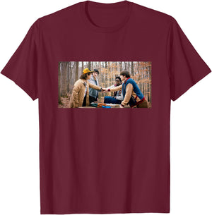 Stranger Things Season 5 Dustin Mike Will & Lucas in Forest T-Shirt - T-Shirt | Maroon