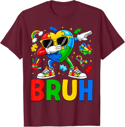 Autism Awareness Bruh Dabbing Heart Puzzle Autistic Boy Kids T-Shirt - T-Shirt | Maroon
