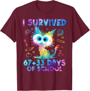 I Survived 67+33 Days of School Funny Cat 100th Day Teacher T-Shirt - T-Shirt | Maroon