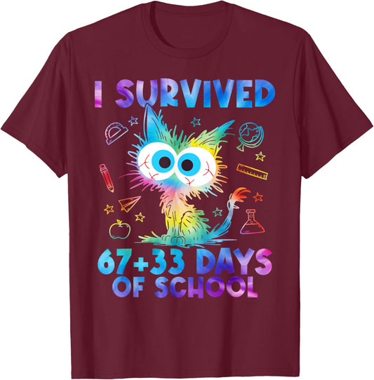 I Survived 67+33 Days of School Funny Cat 100th Day Teacher T-Shirt - T-Shirt | Maroon