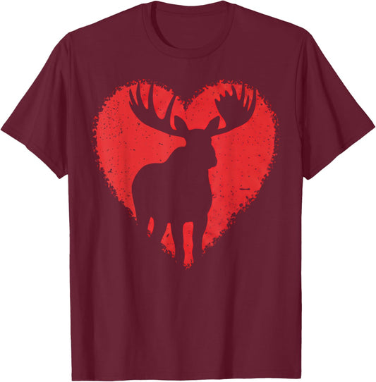 Moose Lover Valentines Day Cute Red Heart Wild Animal T-Shirt - T-Shirt | Maroon