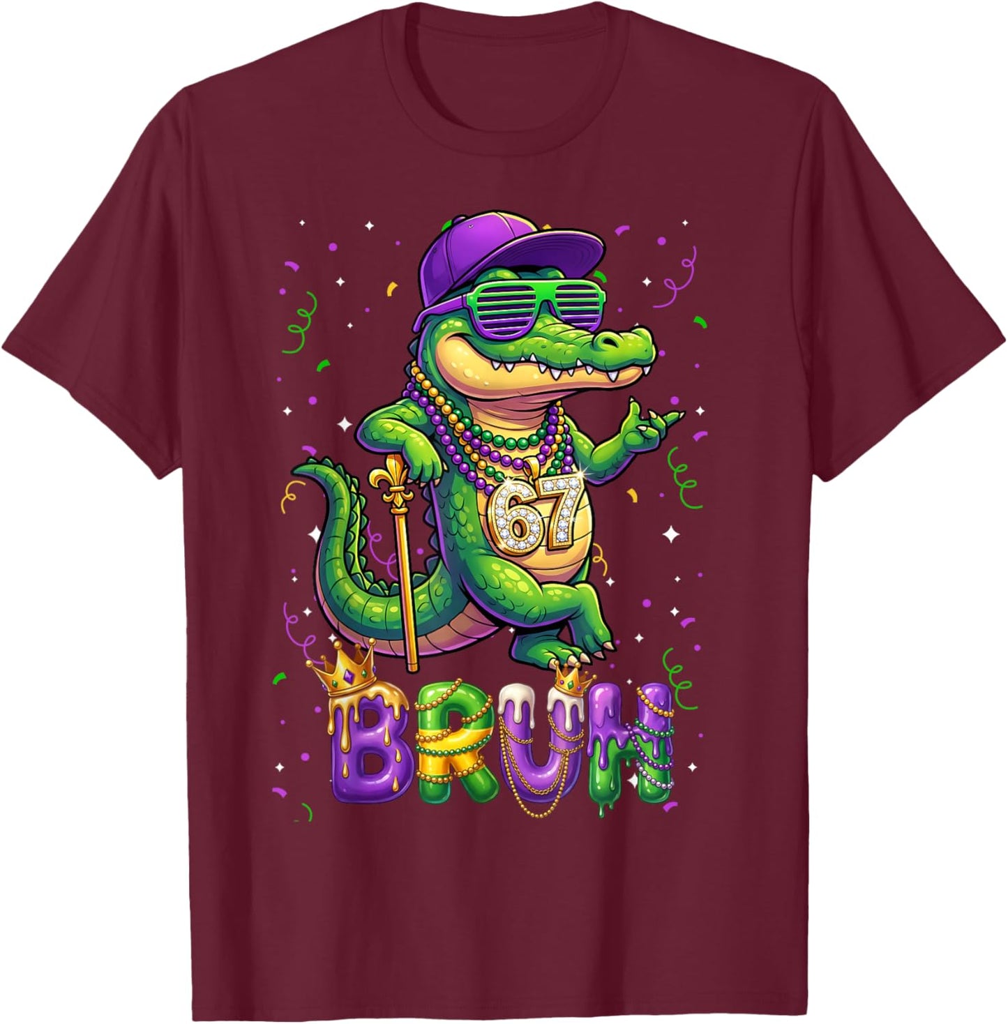 67 Mardi Gras Alligator Mardigator Six Seven Bruh Boys 6 7 T-Shirt - T-Shirt | Maroon