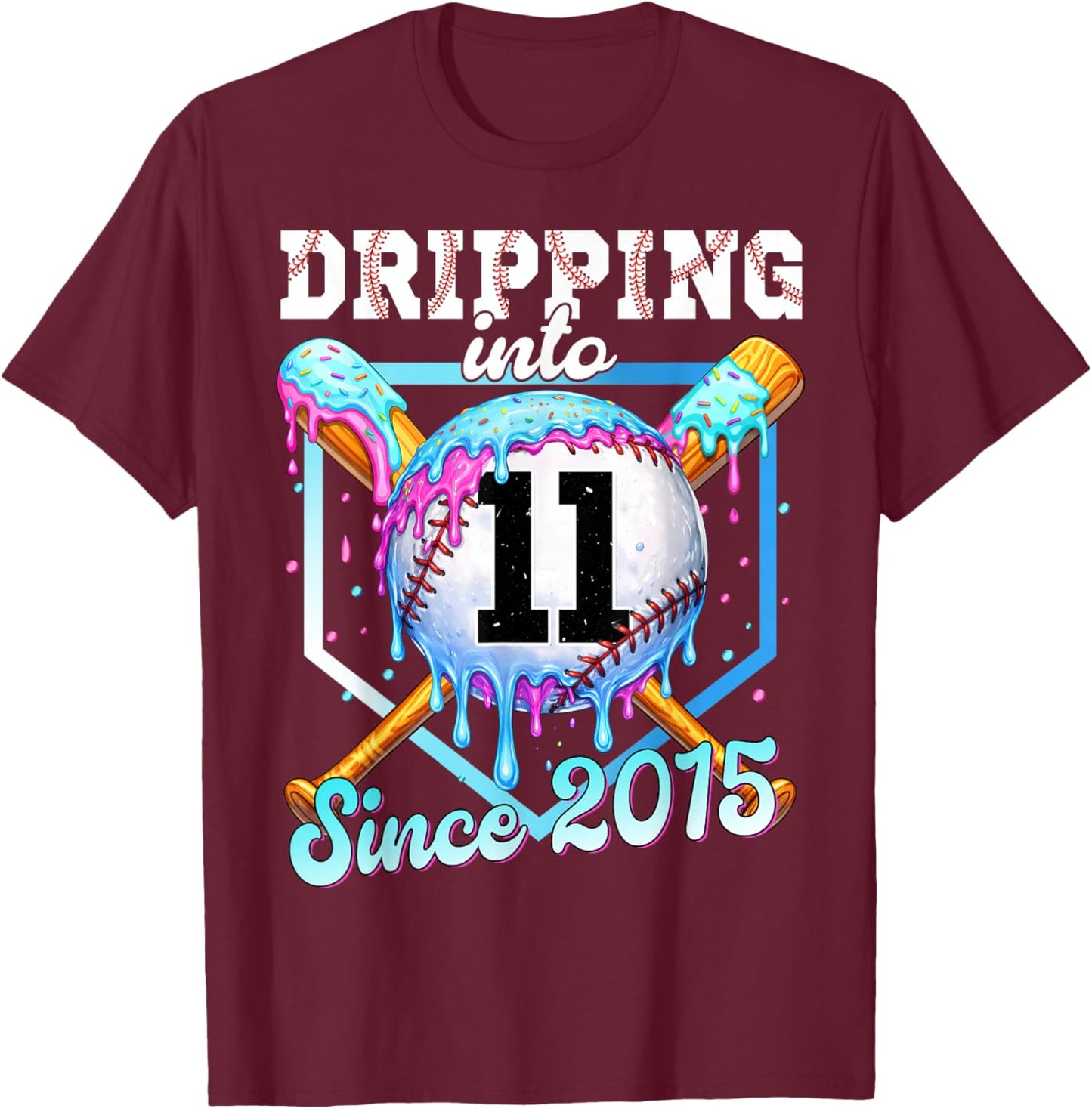 11 Years Old Baseball Ice Cream 11th Birthday Boy Since 2015 T-Shirt - T-Shirt | Maroon