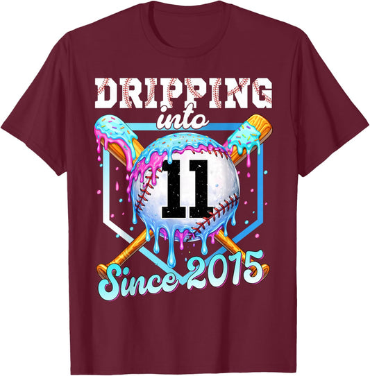11 Years Old Baseball Ice Cream 11th Birthday Boy Since 2015 T-Shirt - T-Shirt | Maroon
