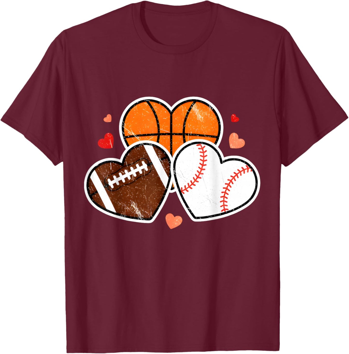 Heart Football Basketball Soccer Valentine Sports Boy Men T-Shirt - T-Shirt | Maroon