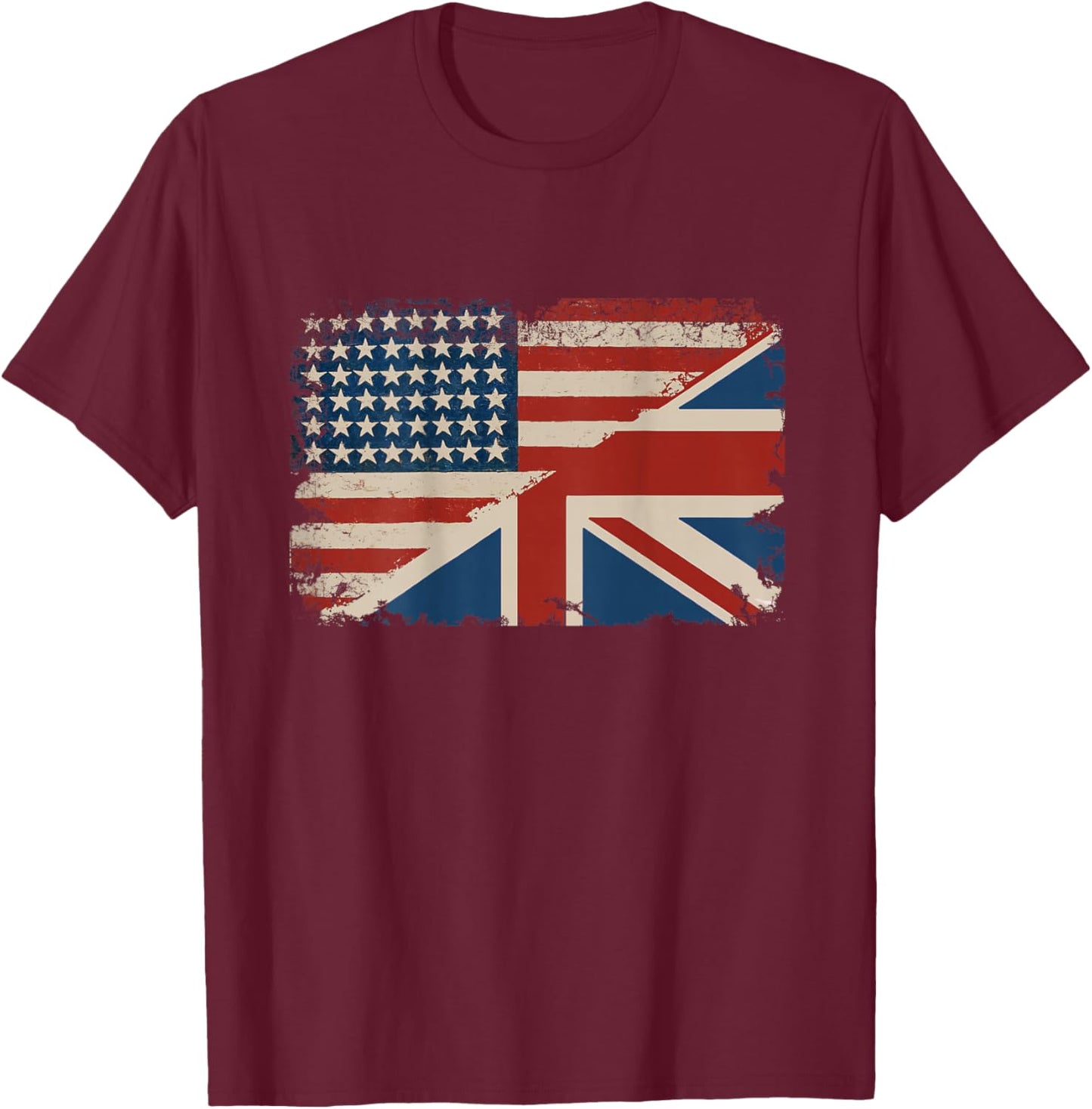 British American Flag Print on Back Great Britain Union Jack T-Shirt - T-Shirt | Maroon
