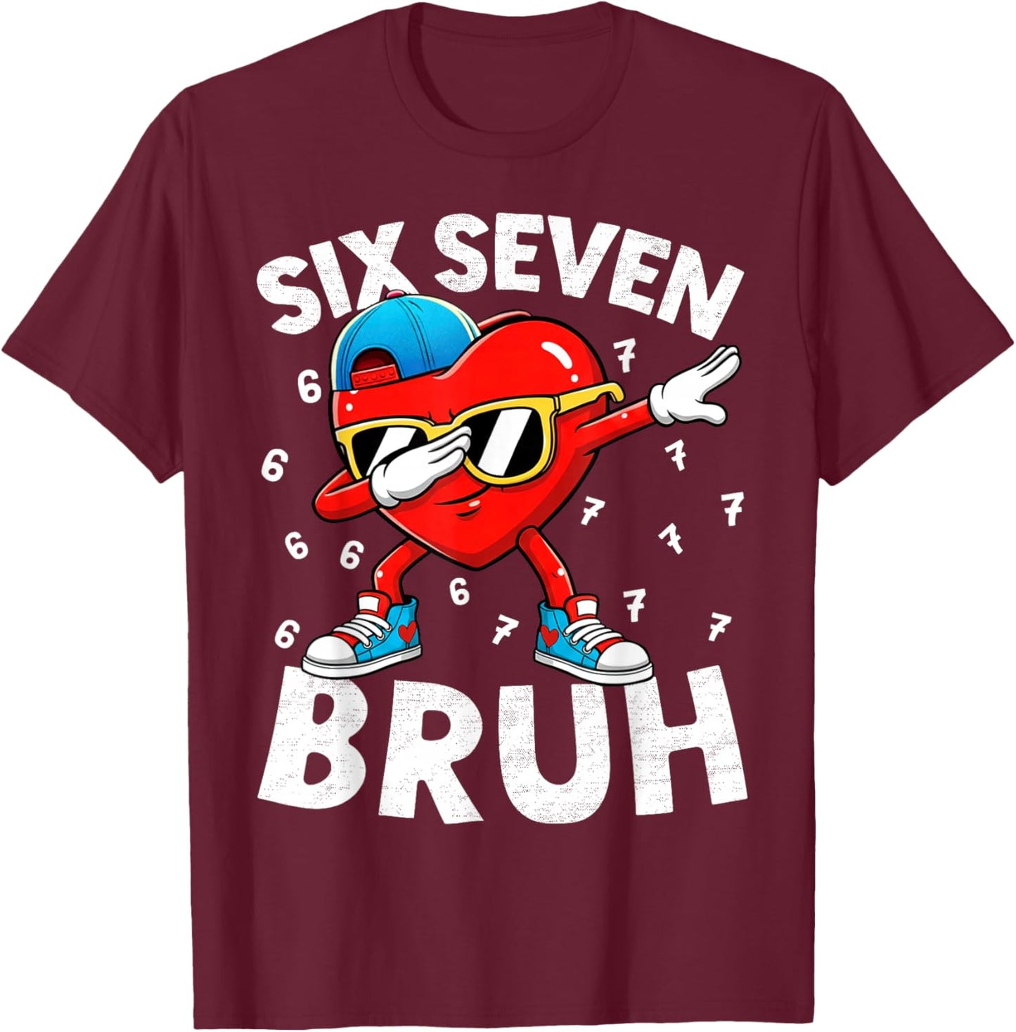 Heart Dabbing Valentines Day Six Seven Bruh 6 7 Meme Boys T-Shirt - T-Shirt | Maroon