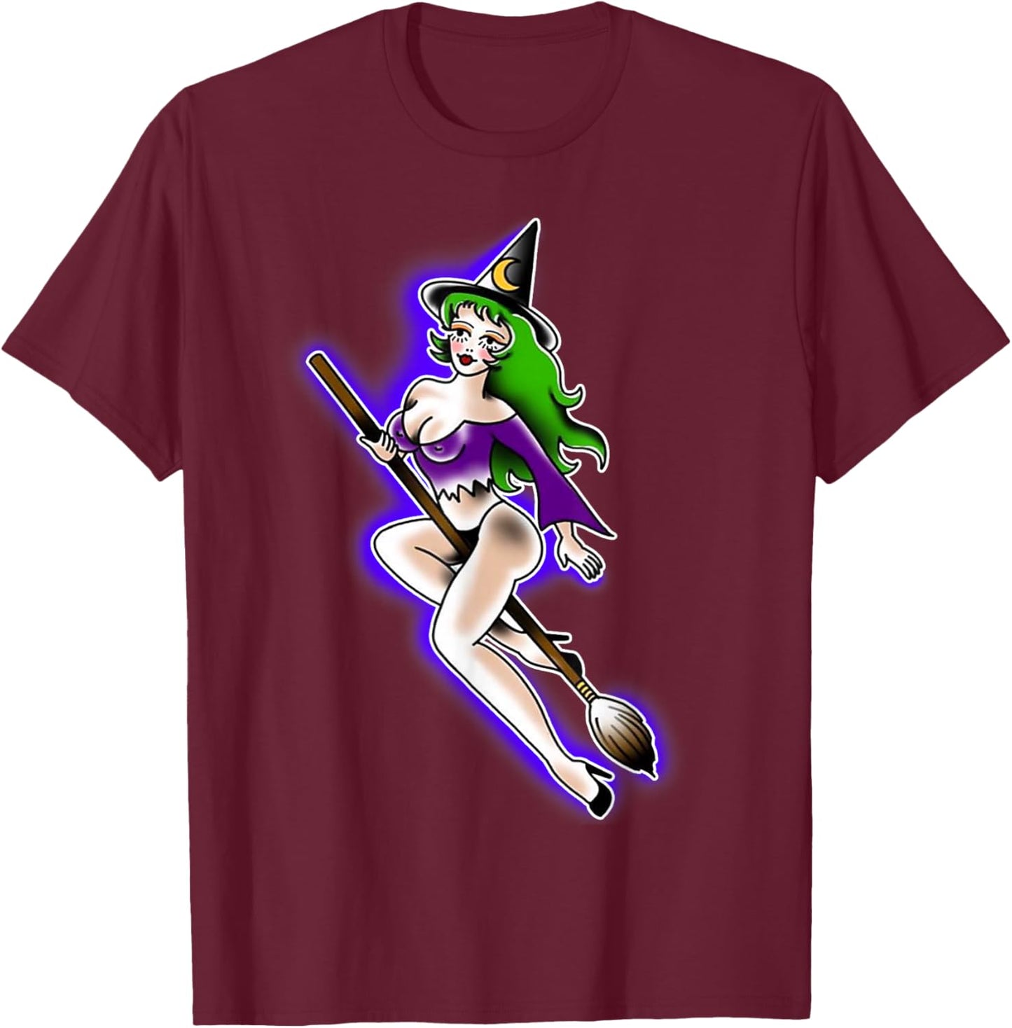 Witch Girl Riding Broom Cute Pin-Up Tattoo T-Shirt - T-Shirt | Maroon