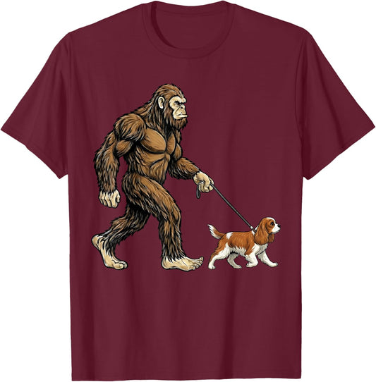 Bigfoot Walking Cavalier Spaniel Dog Funny Sasquatch T-Shirt - T-Shirt | Maroon