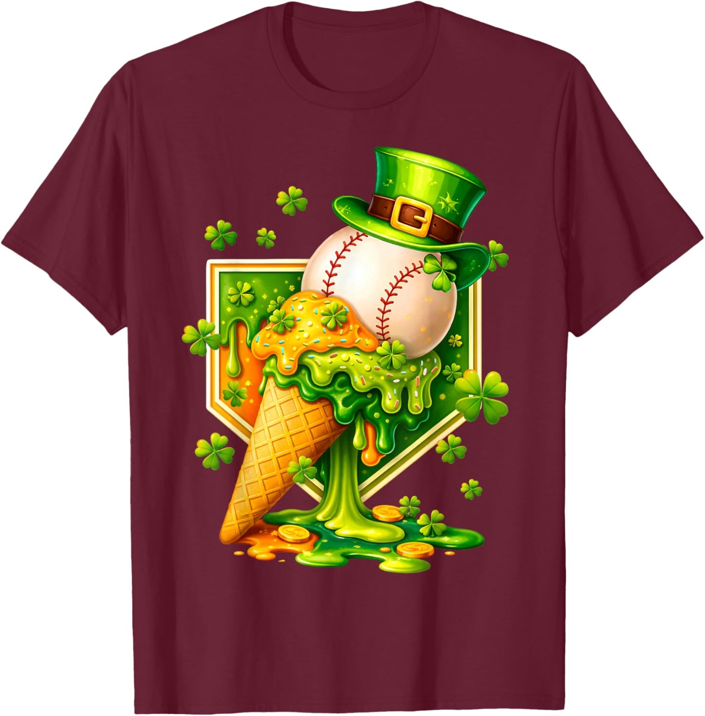 Drip Ice Cream St Patricks Day Baseball Shamrock Kids Boys T-Shirt - T-Shirt | Maroon
