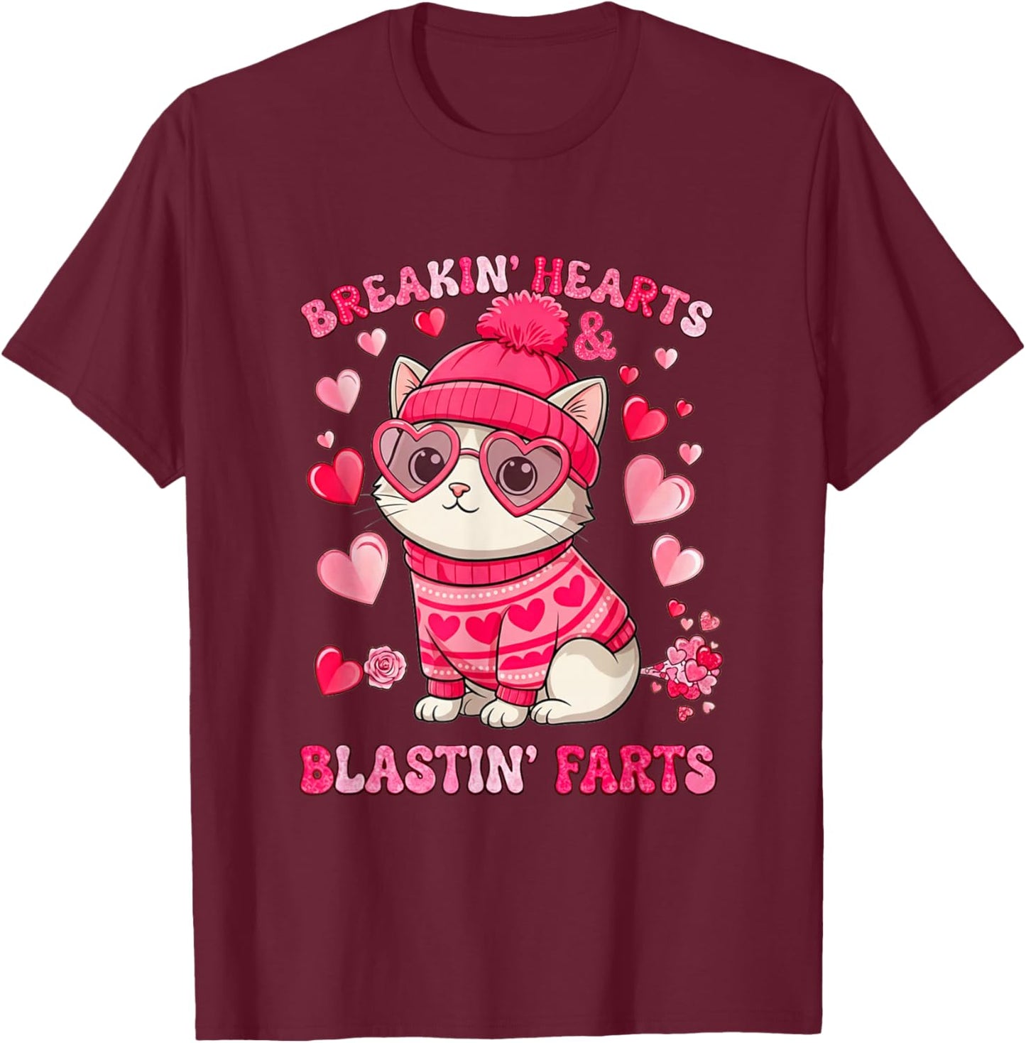 Funny Cat Breaking Hearts Blasting Farts Valentines Day T-Shirt - T-Shirt | Maroon