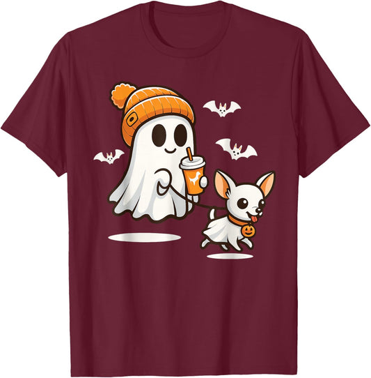 Funny Ghost Walking Chihuahua Dog Halloween Women Men Kids T-Shirt - T-Shirt | Maroon