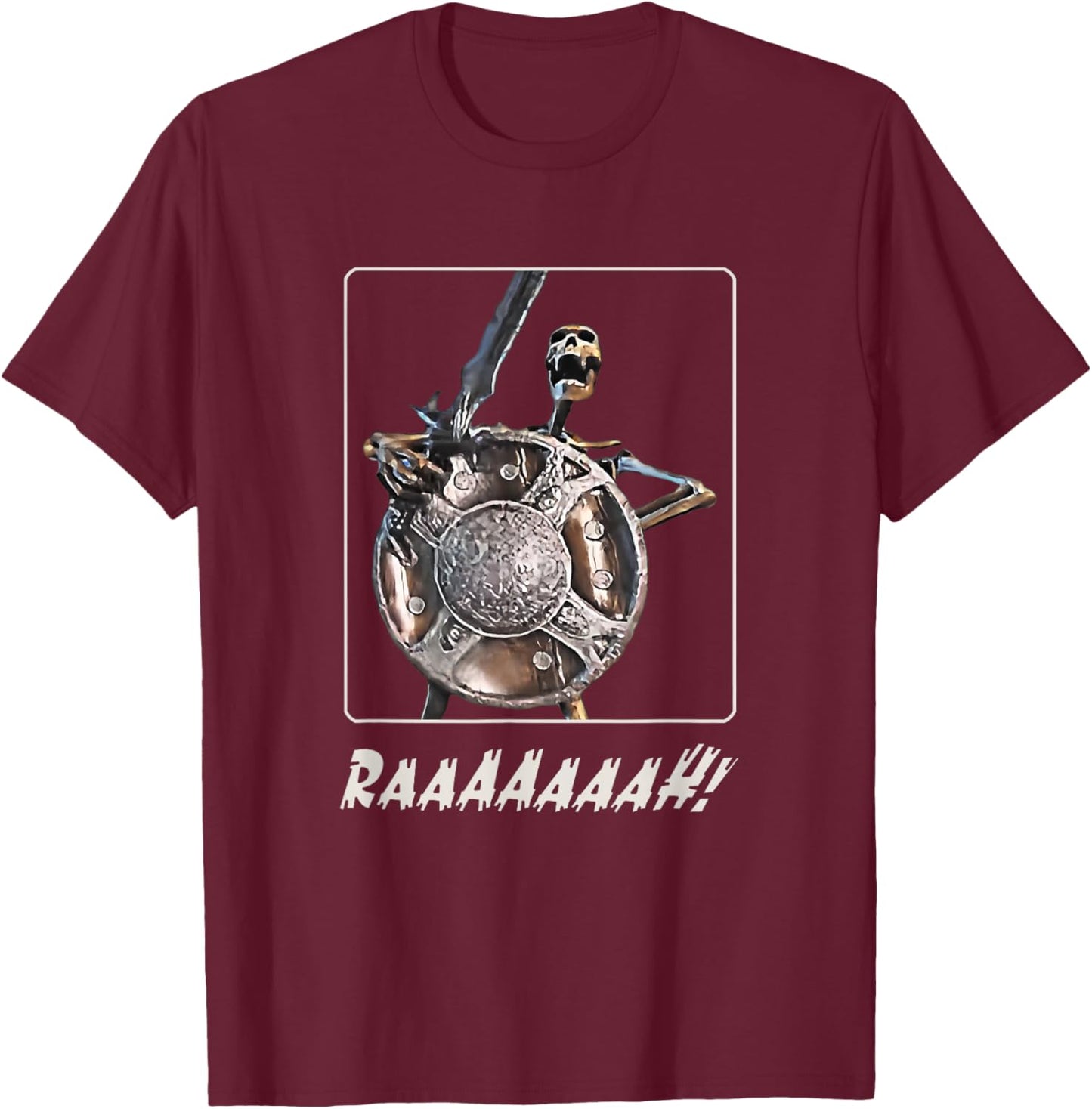 Skeleton Banging Shield Funny Meme T-Shirt - T-Shirt | Maroon
