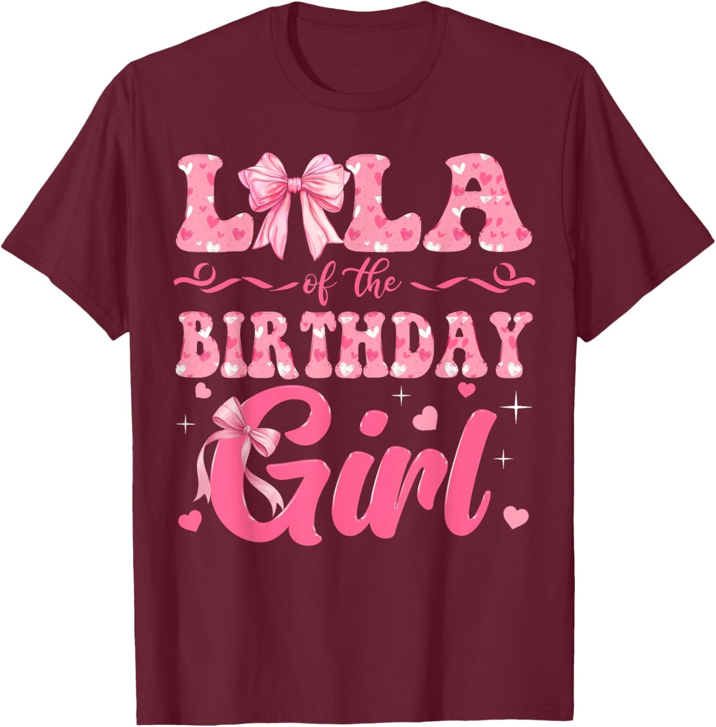 Lola of The Birthday Girl Family Pink Coquette Bow T-Shirt - T-Shirt | Maroon