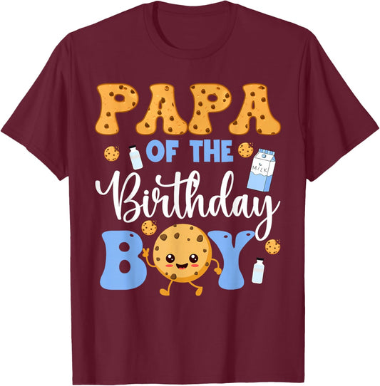 Papa of The Birthday Boy Funny Milk and Cookies Party T-Shirt - T-Shirt | Maroon