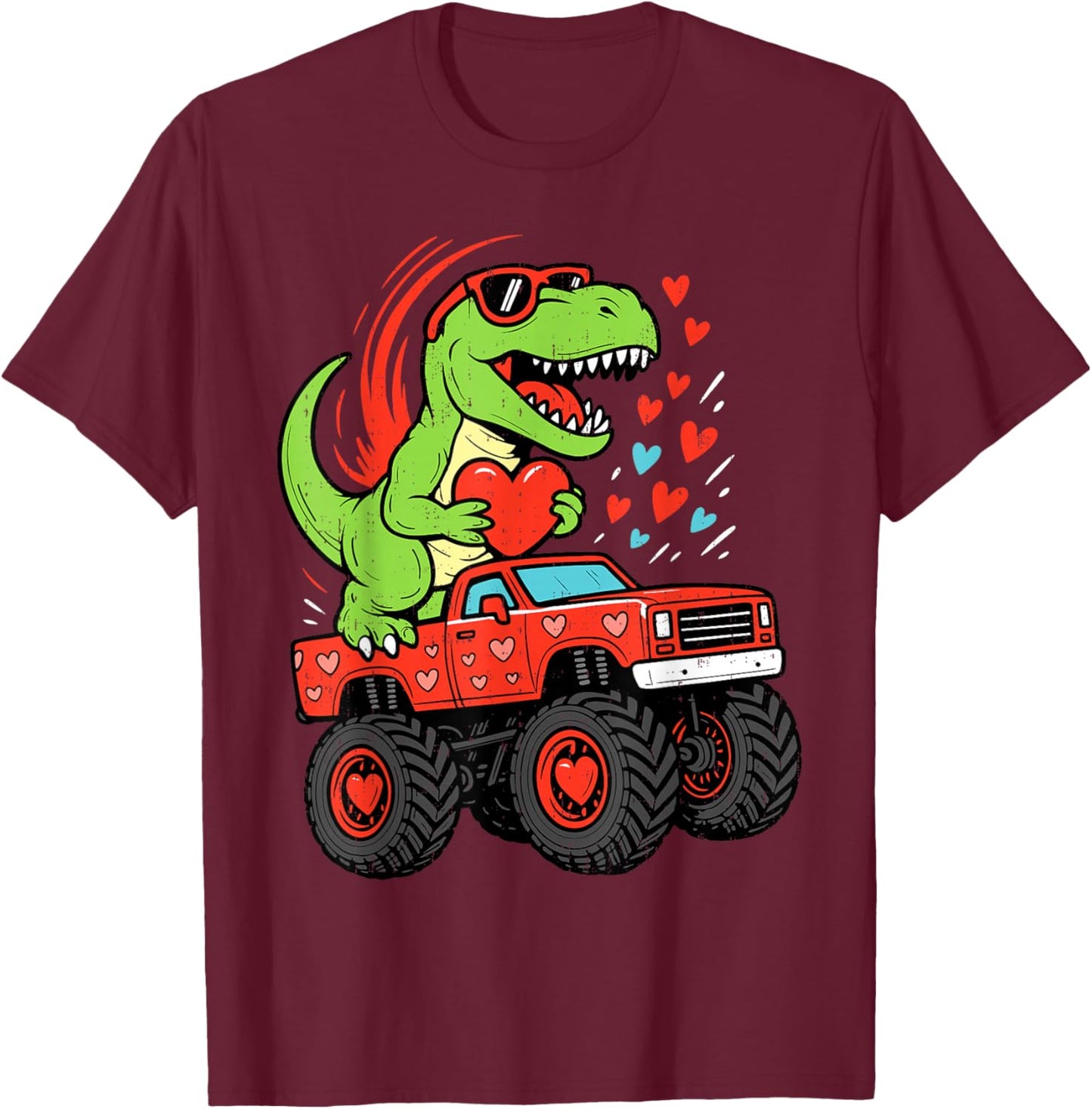 Dinosaur T Rex Ridding Truck Valentines Day Boy Toddler Kids T-Shirt - T-Shirt | Maroon
