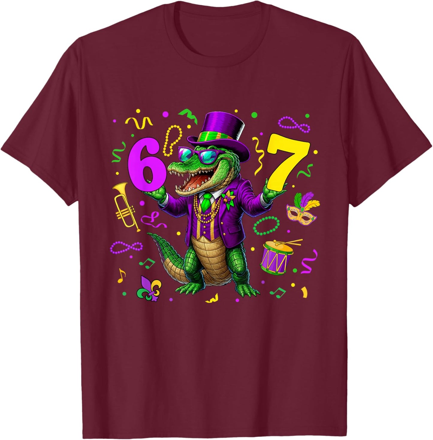 Alligator Six Seven Bruh 6 7 Meme Mardi Gras Carnival Kids T-Shirt - T-Shirt | Maroon