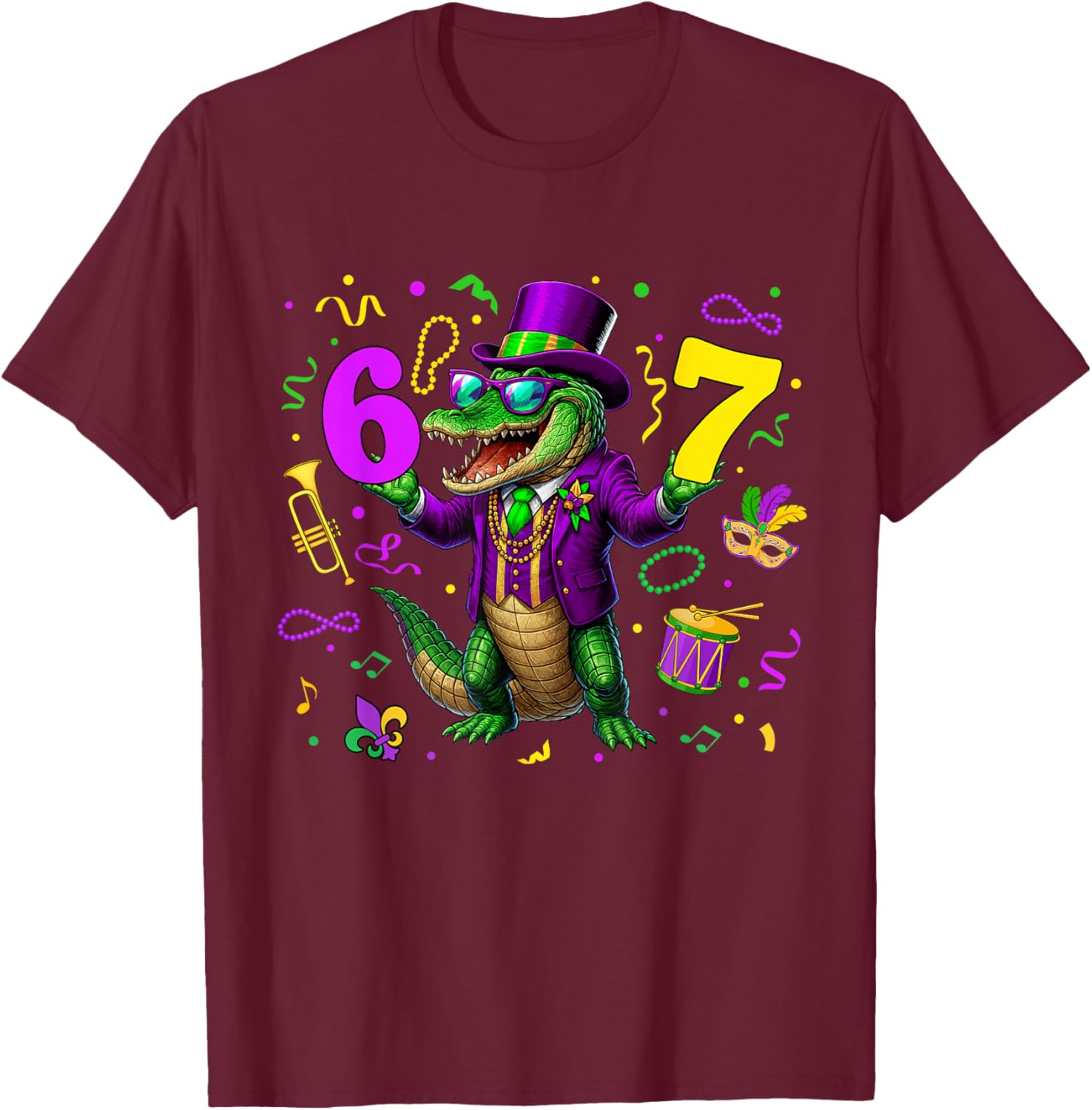 Alligator Six Seven Bruh 6 7 Meme Mardi Gras Carnival Kids T-Shirt - T-Shirt | Maroon