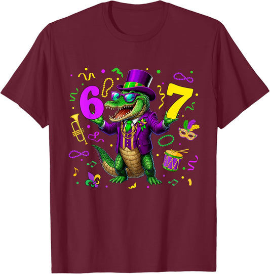 Alligator Six Seven Bruh 6 7 Meme Mardi Gras Carnival Kids T-Shirt - T-Shirt | Maroon
