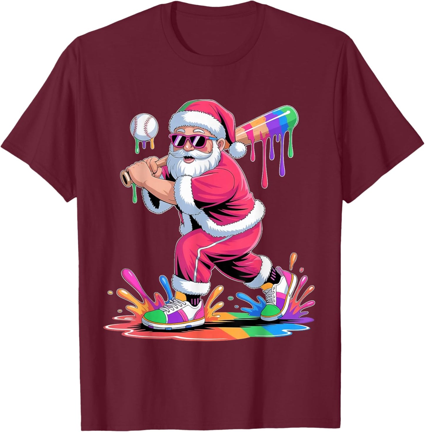 Santa Playing Baseball Ice Cream Dripping Christmas Baseball T-Shirt - T-Shirt | Maroon