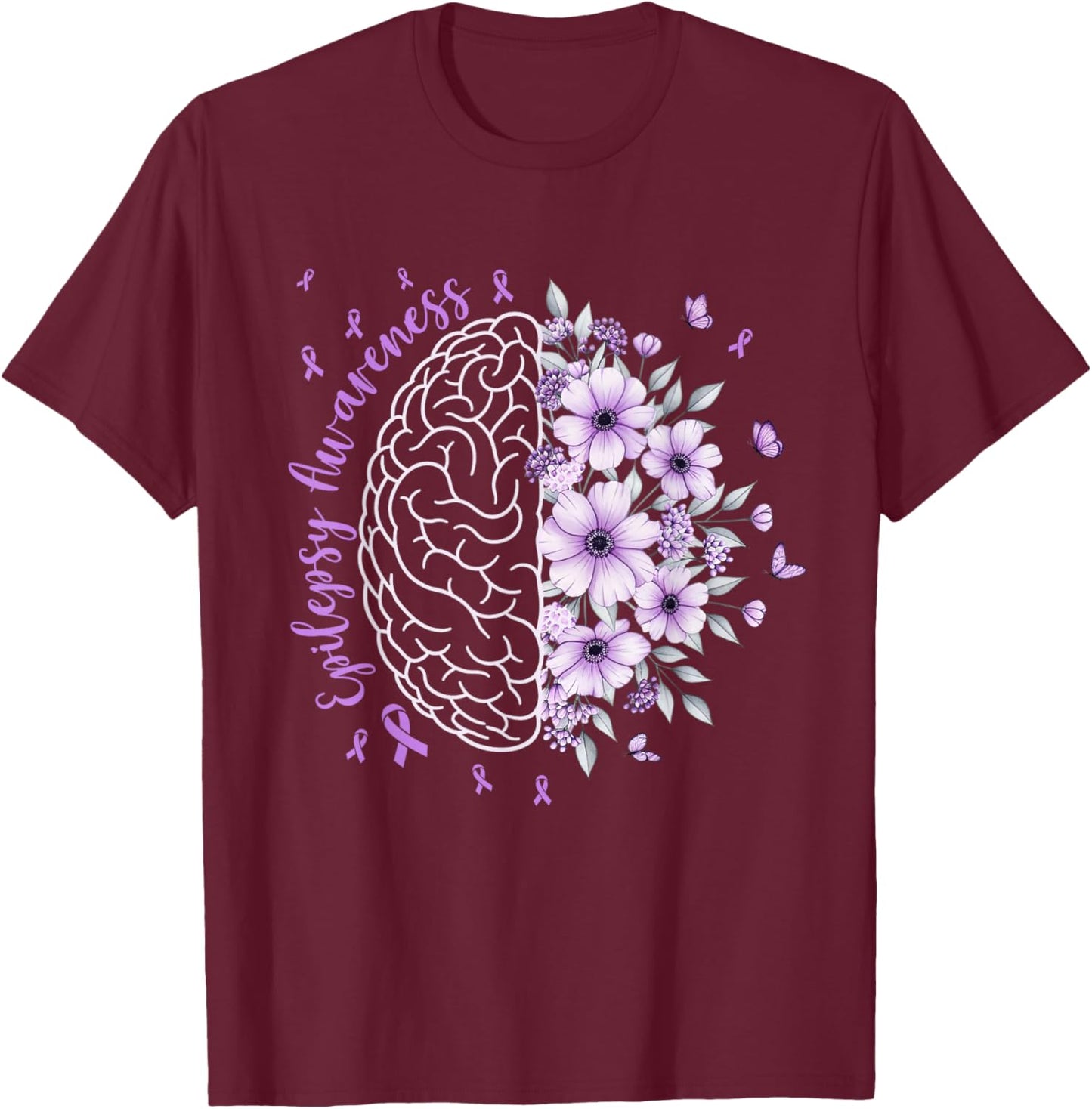 Epilepsy Awareness Floral Brain Purple Ribbon Warrior Women T-Shirt - T-Shirt | Maroon
