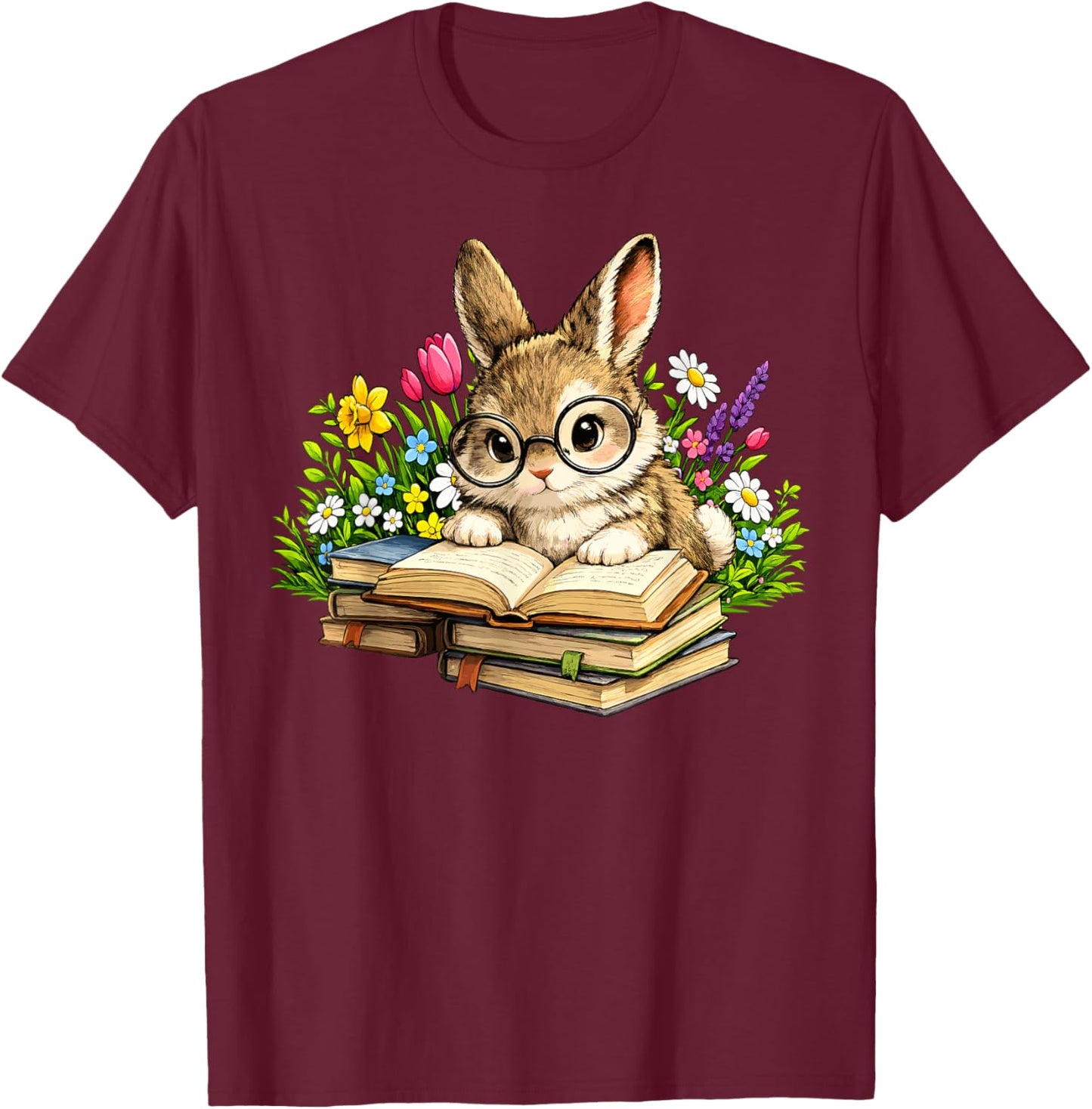 Cute Reading Bunny Easter Books Bookworm Reader Teacher T-Shirt - T-Shirt | Maroon