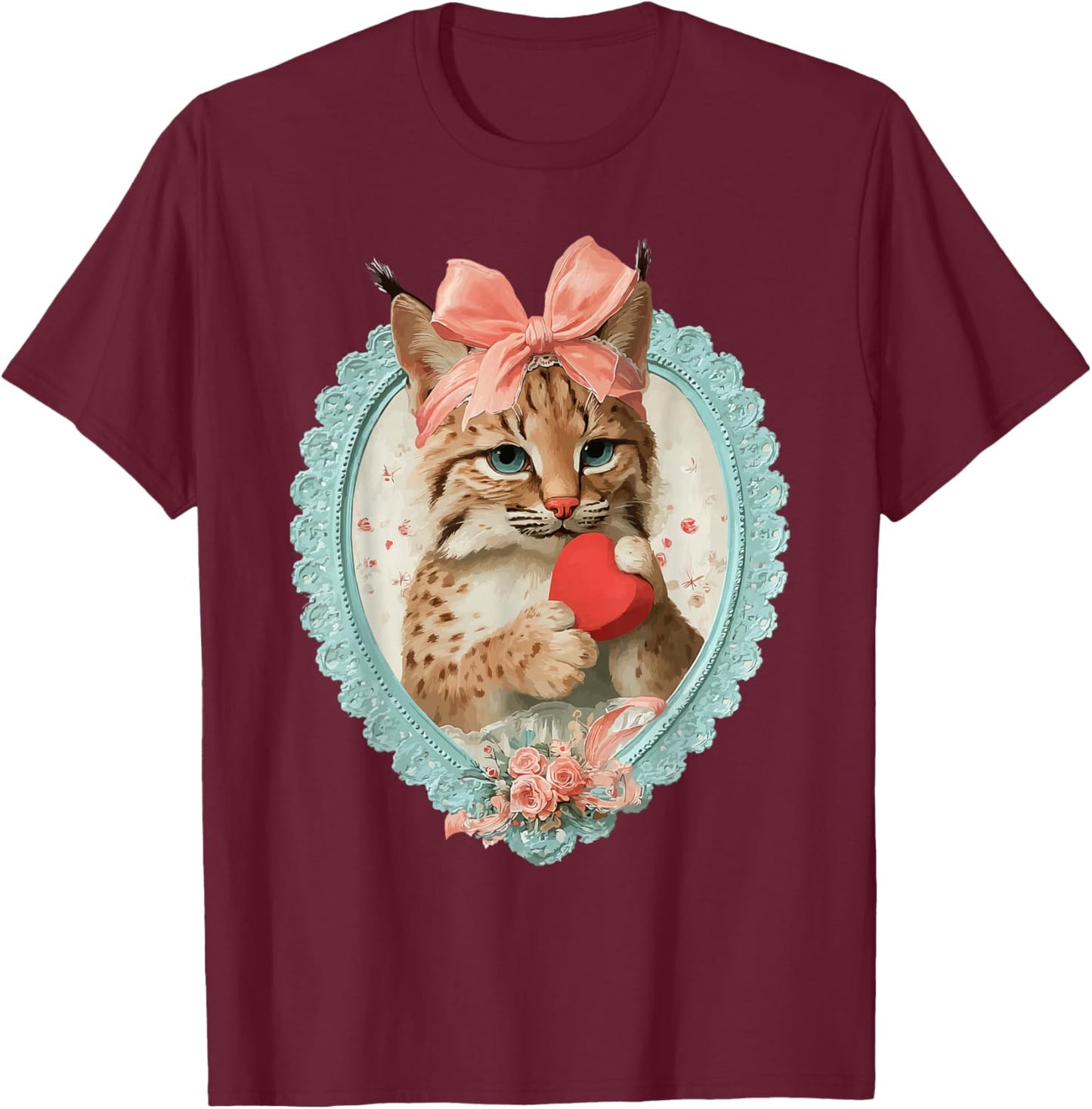 Vintage Valentine Bobcat with Heart Romantic Animal Coquette T-Shirt - T-Shirt | Maroon